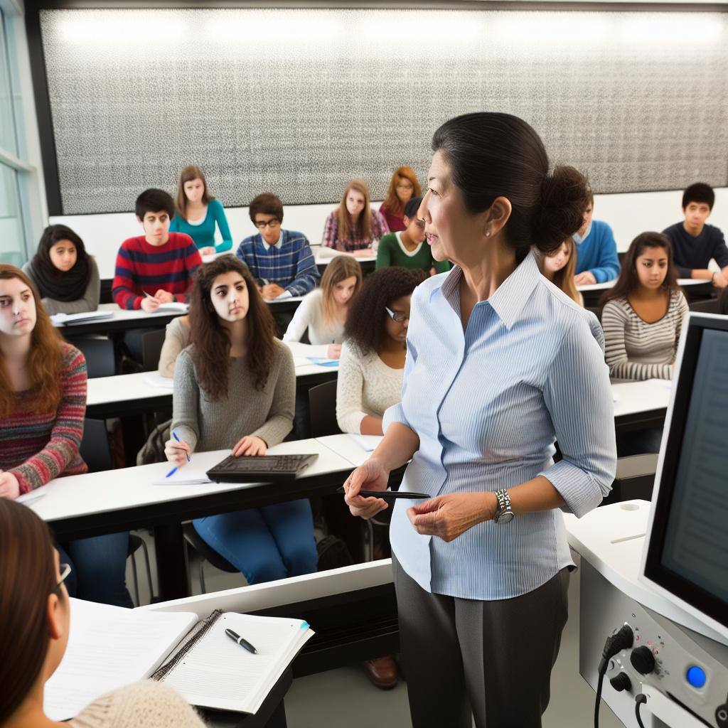 a university classroom where a middle aged professor is teaching a diverse, vibrant array of students using modern technology